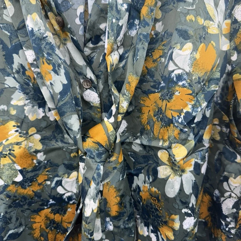 D&Co Denim & Co Size L Shirt Blouse Floral Long Sleeve TieGreen Blue Gold Flowy - Picture 3 of 9